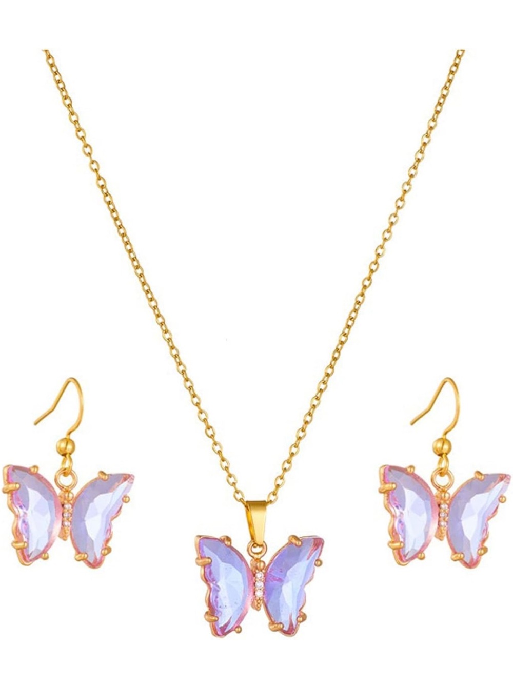 NWT Gold Butterfly Pendant Necklace and Earrings Set in Purple - Women Jewelry